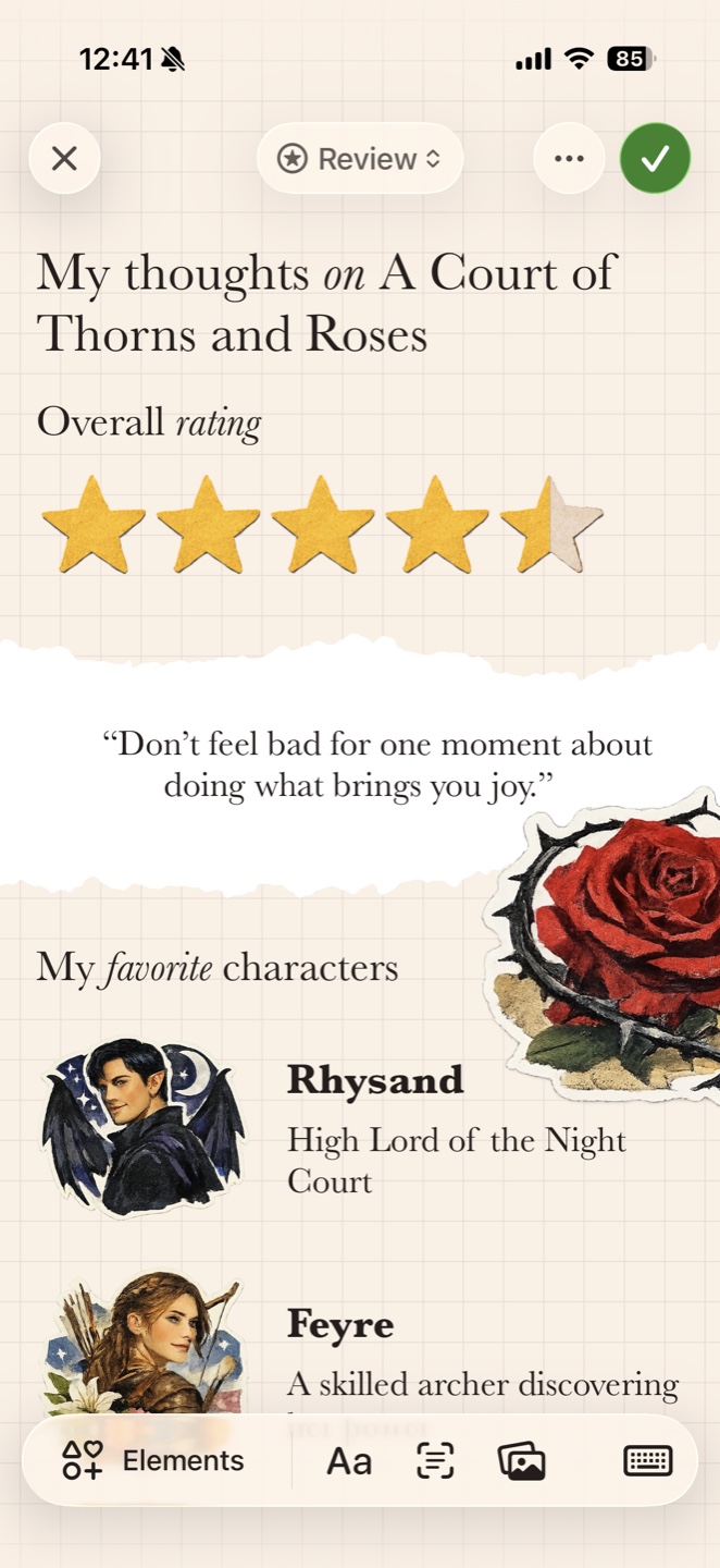 A fiction journal entry with rating, quote, and favorite characters