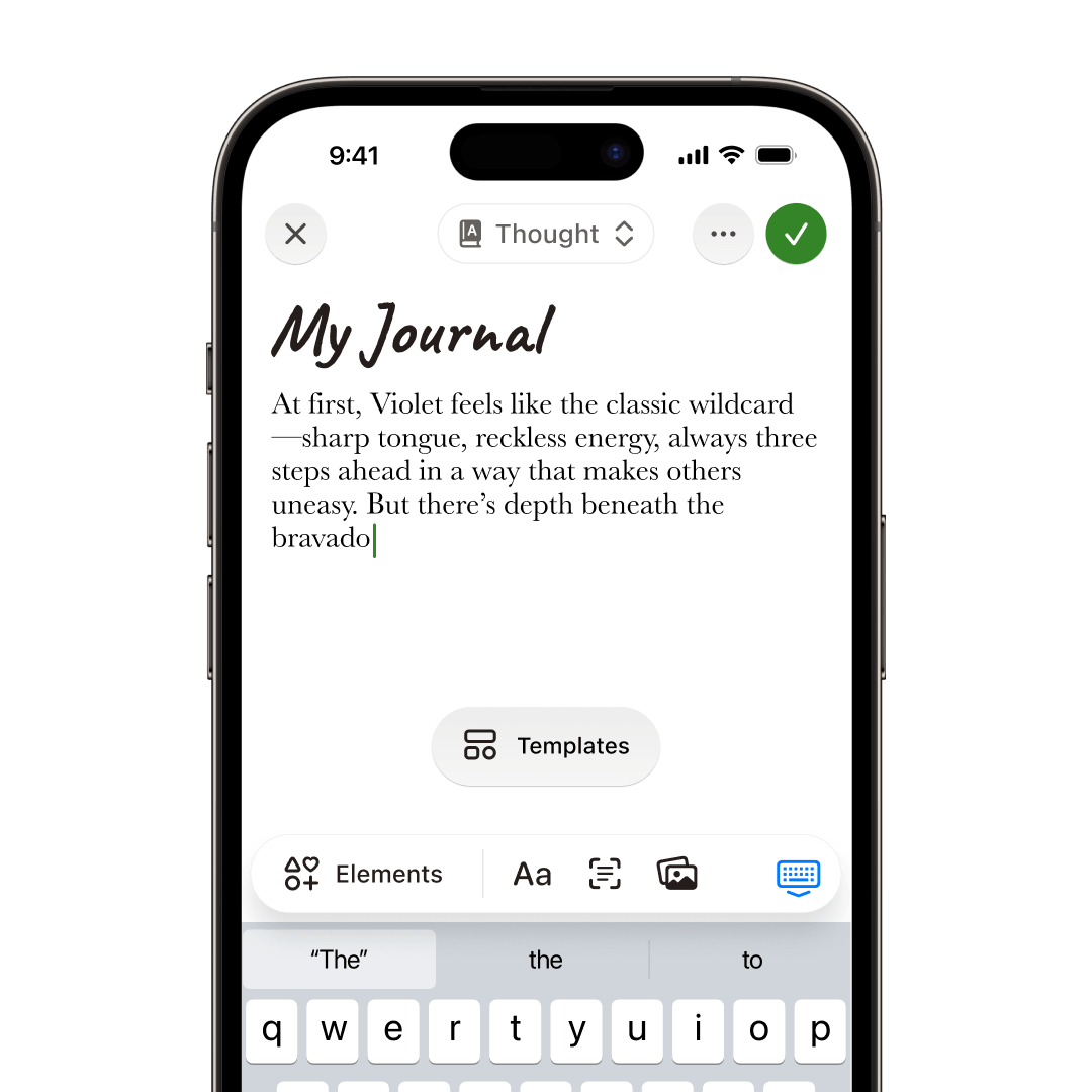 Writing a book journal entry in Slovo, with keyboard, templates, and elements toolbar visible