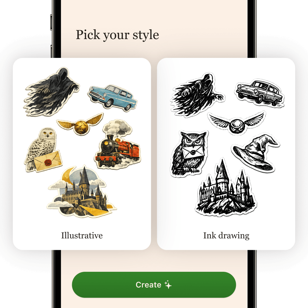 Custom book stickers in Slovo — illustrative and ink drawing styles for any book
