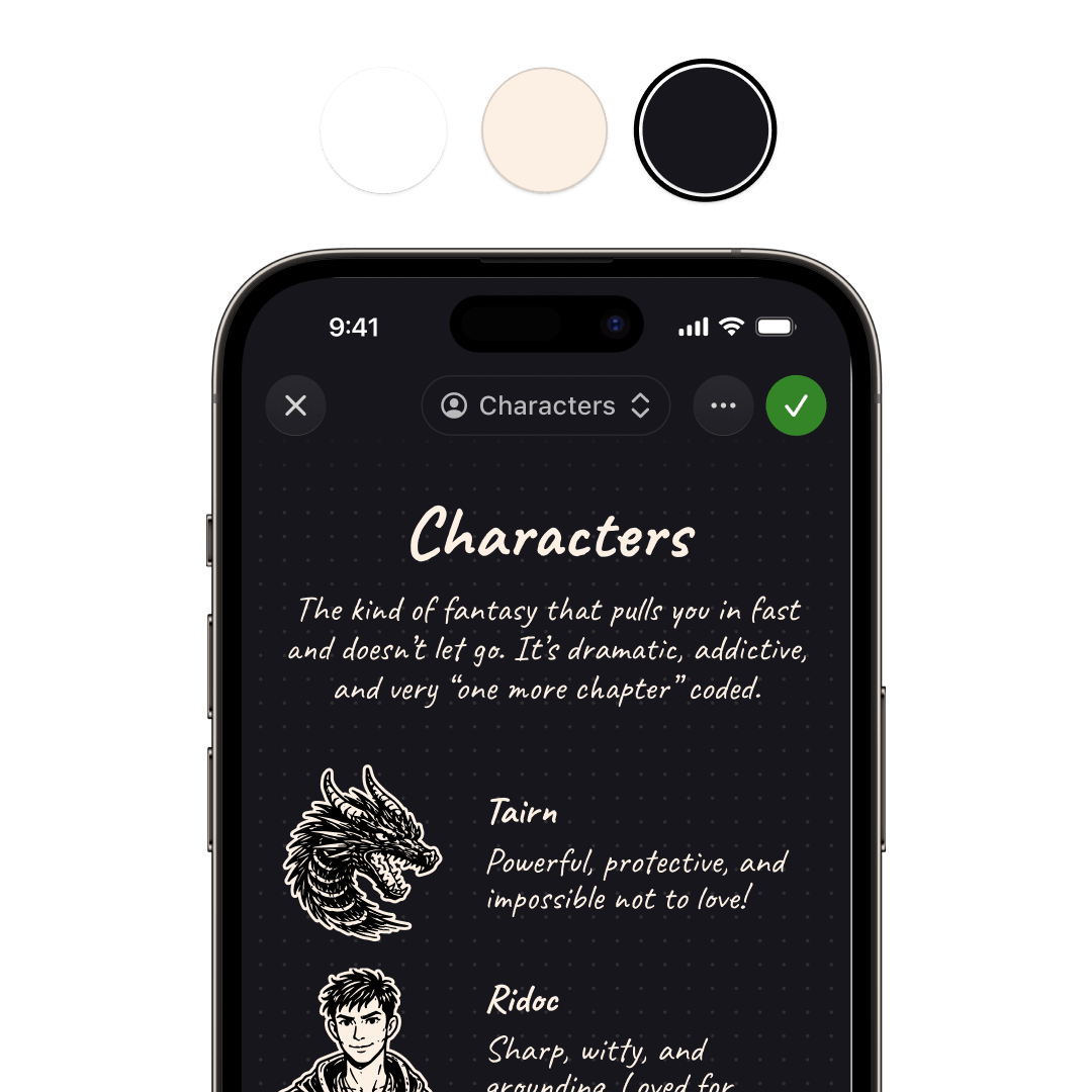 Customized book journal Characters page in Slovo with paper style and theme swatches