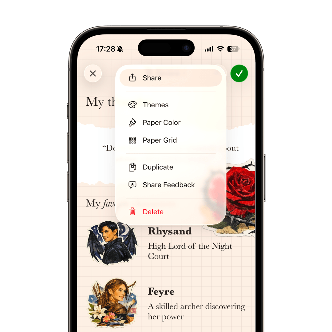 The note menu in Slovo with a new Share option above Themes, Paper Color, and Paper Grid